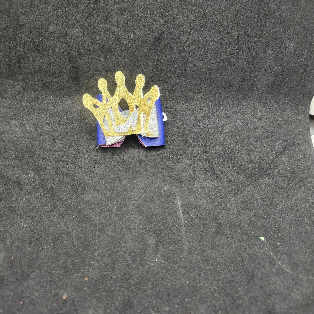 Hand Crafted Blue, Silver and Gold Crown Glitter Hair Bow Barrette Clip